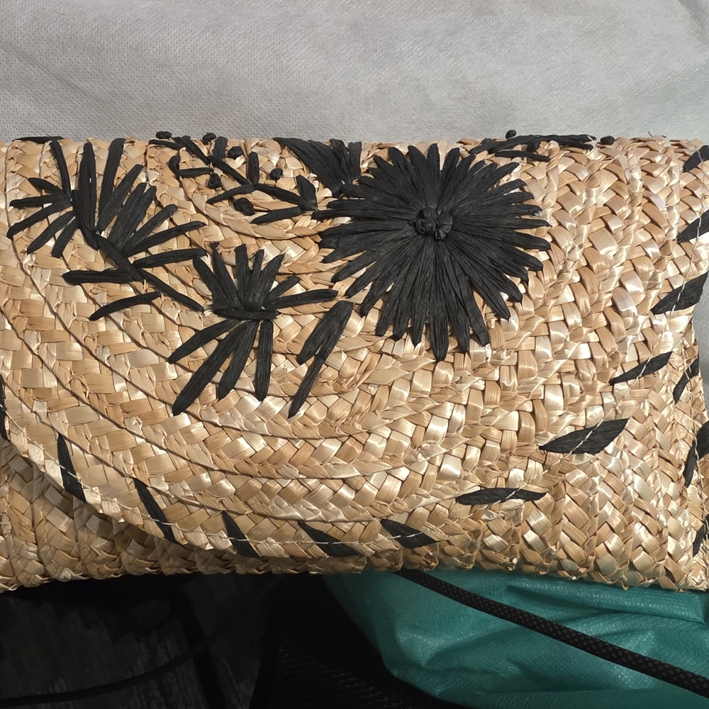 Francesca's Natural Straw Clutch with Black Accents